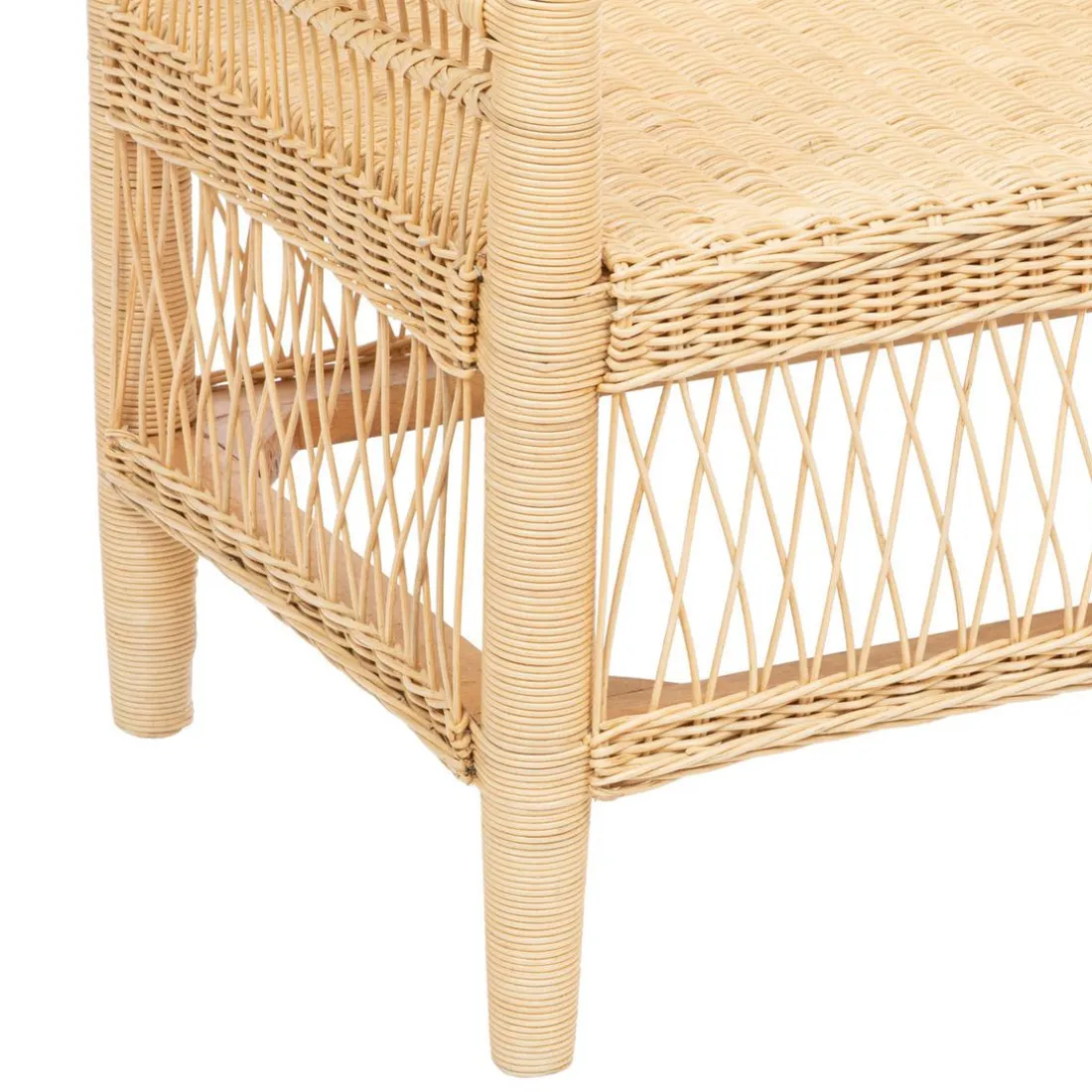 Banquette beige en rotin et acajou