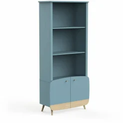 Bibliothèque 2 tablettes et 2 Portes FIRMIANA bleu orage et pin naturel