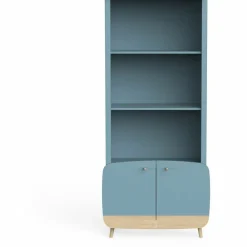 Bibliothèque 2 tablettes et 2 Portes FIRMIANA bleu orage et pin naturel