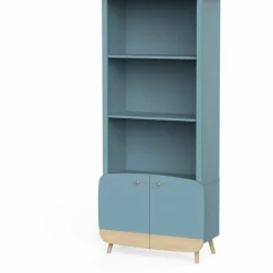 Bibliothèque 2 tablettes et 2 Portes FIRMIANA bleu orage et pin naturel