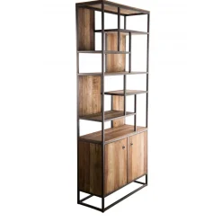 Bibliothèque Haute ALIDA 2 Portes Et 10 Open Space Bois Teck Recyclé Acacia Mahogany Et Métal