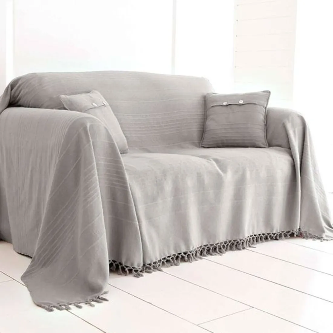 Boutis, plaid ou jeté de canapé uni en coton ORION- Gris