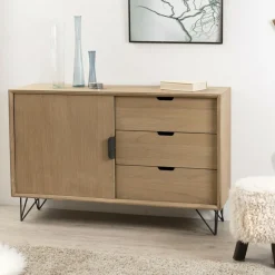 Buffet 1 porte 3 tiroirs pieds épingle en métal - Marron