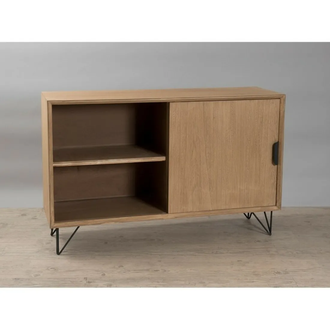 Buffet 1 porte 3 tiroirs pieds épingle en métal - Marron