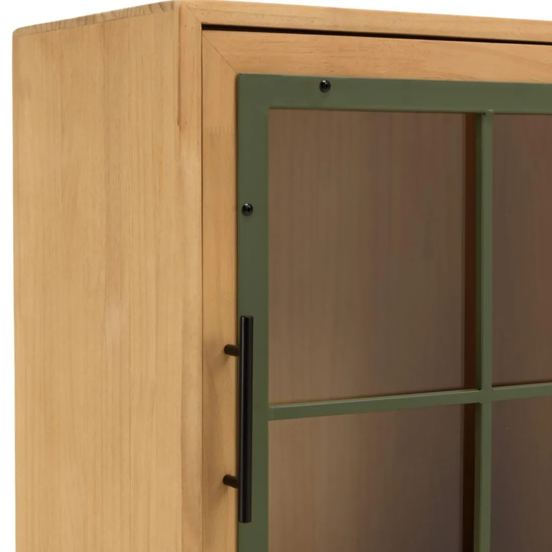 Buffet 1 porte vitrée encadrement vert pin et métal noir HELENA