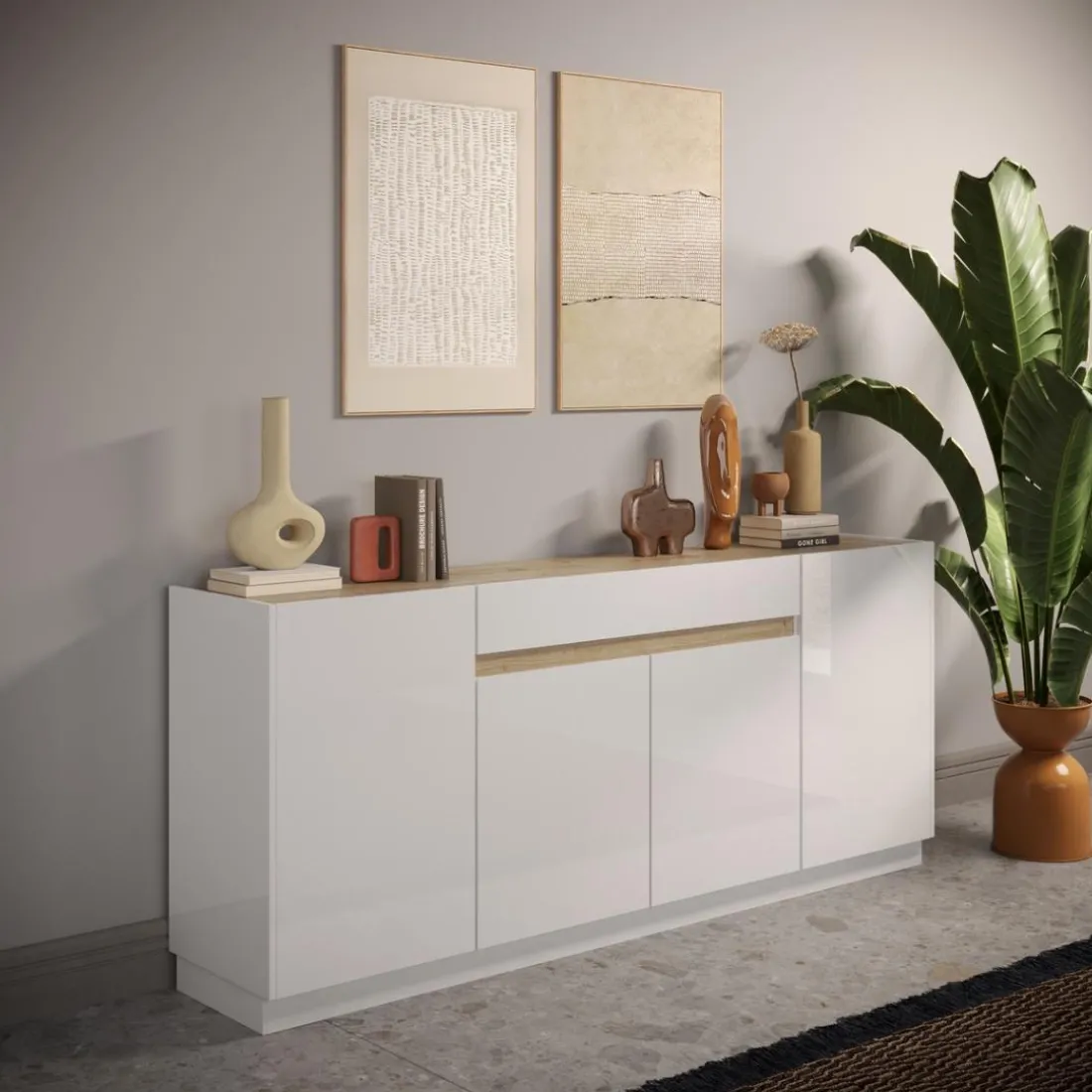 Buffet 4 portes 1 tiroir blanc laqué chene