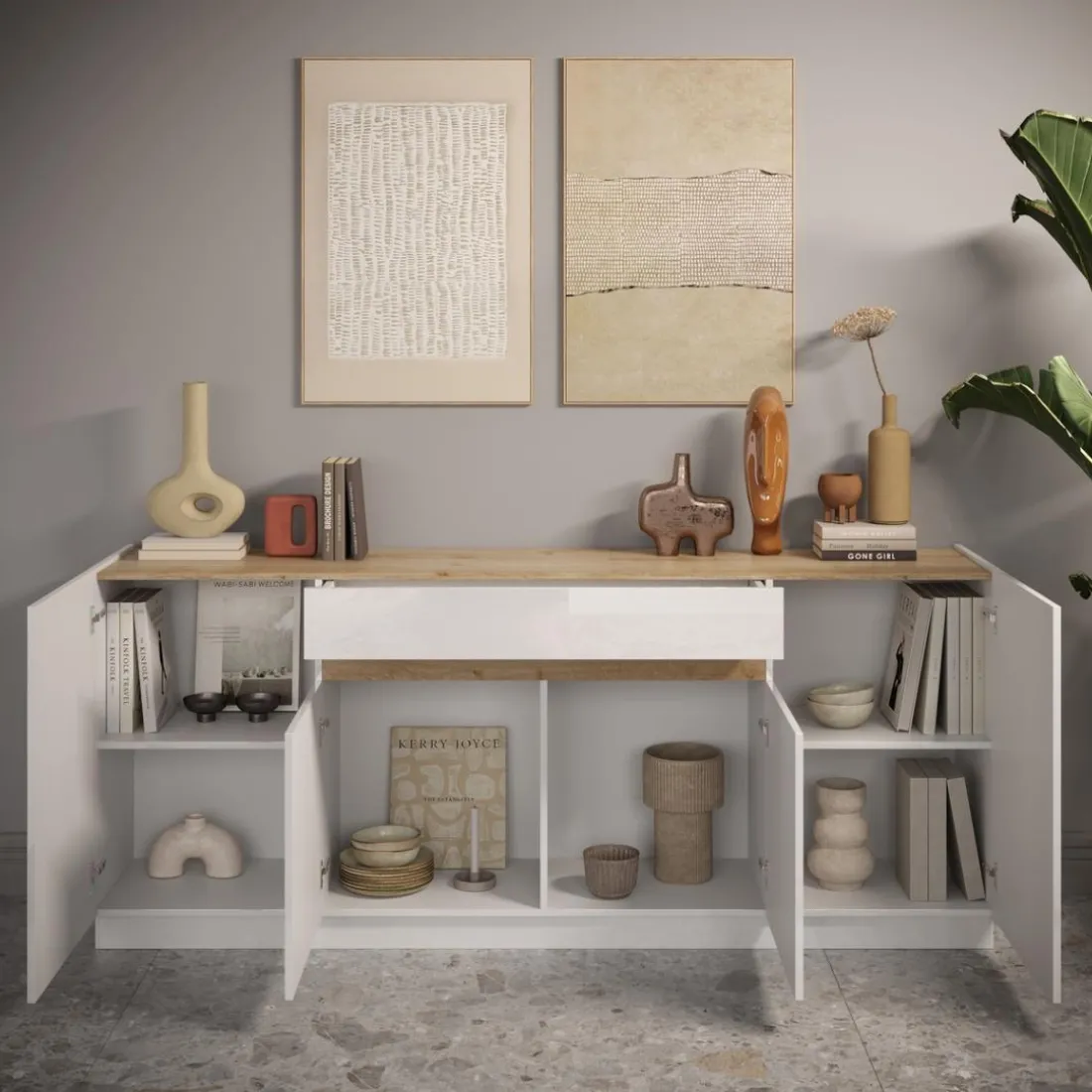 Buffet 4 portes 1 tiroir blanc laqué chene