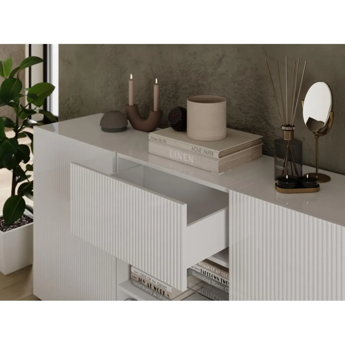 Buffet 2 portes 2 tiroirs RIO blanc laqué brillant
