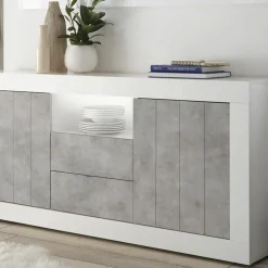 Buffet 2 portes battantes et 2 tiroirs URBINO blanc laqué et ciment