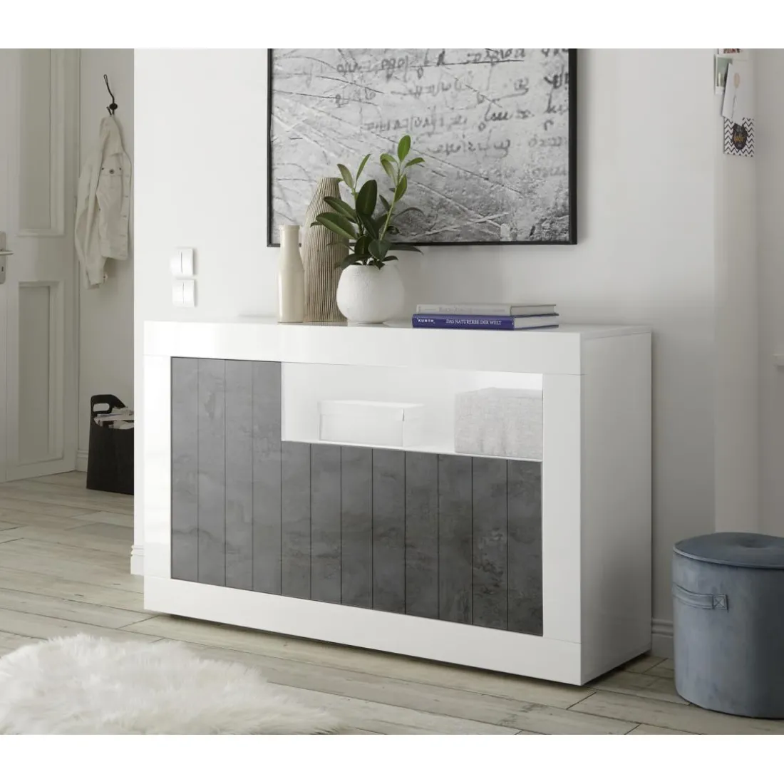 Buffet 3 portes battantes URBINO blanc laqué et oxyde