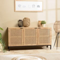 Buffet 3 portes cannage naturel pieds métal noir MARCEAU