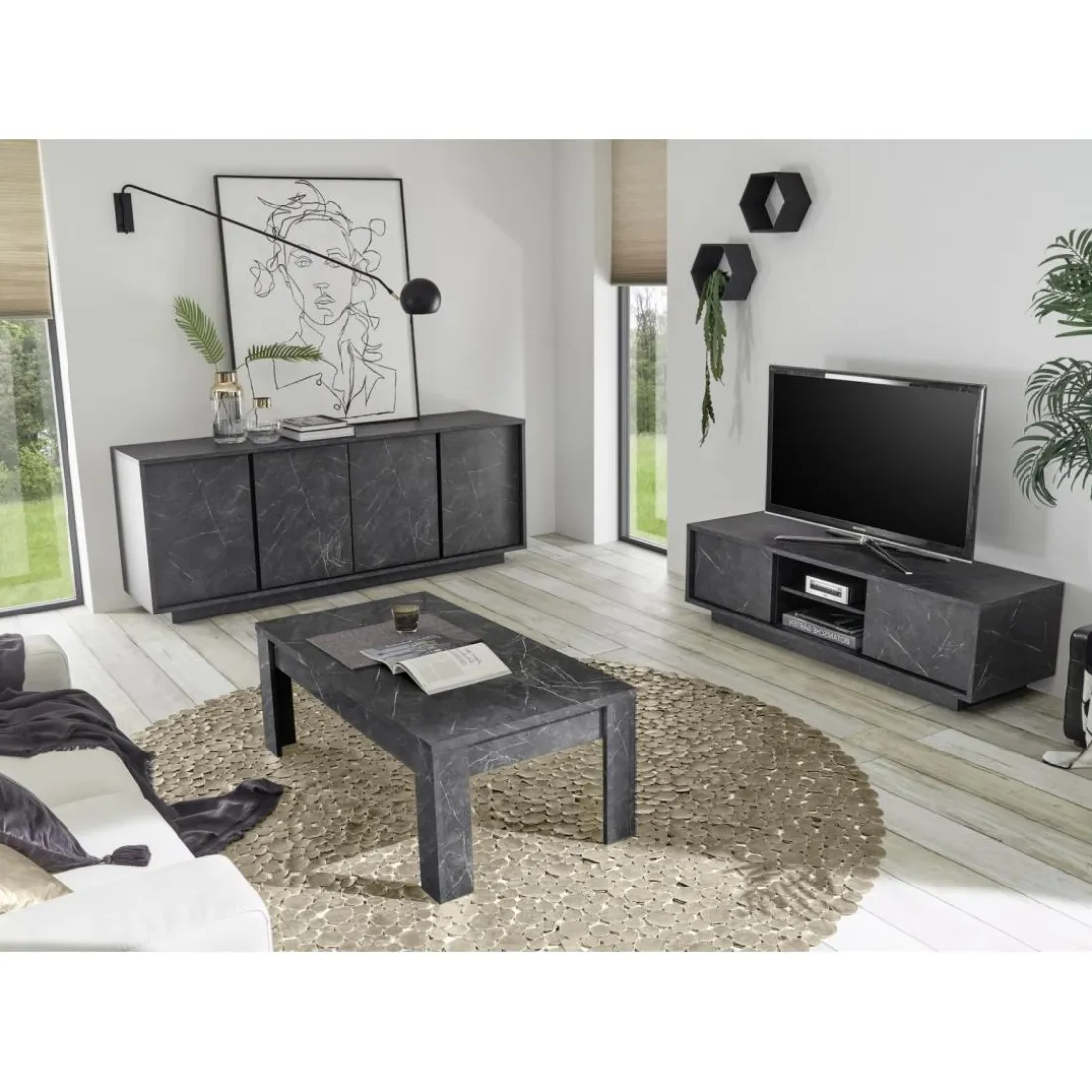 Buffet 4 portes CARRARA décor marbre noir