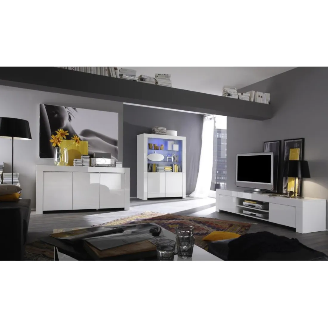 Buffet 3 portes en bois AMALFI laqué blanc brillant