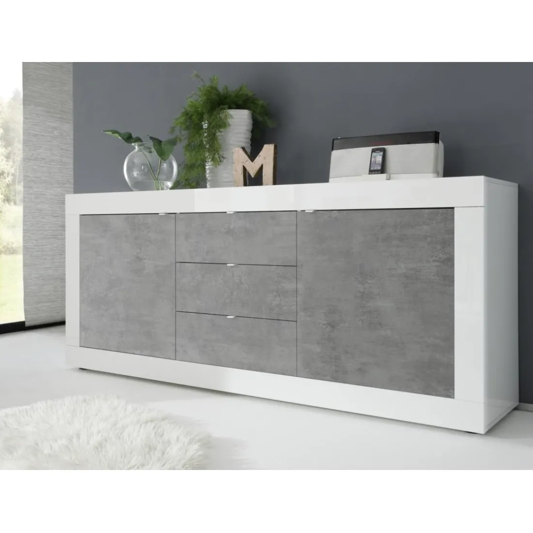 Buffet 2 portes et 3 tiroirs BASIC blanc et décor beton