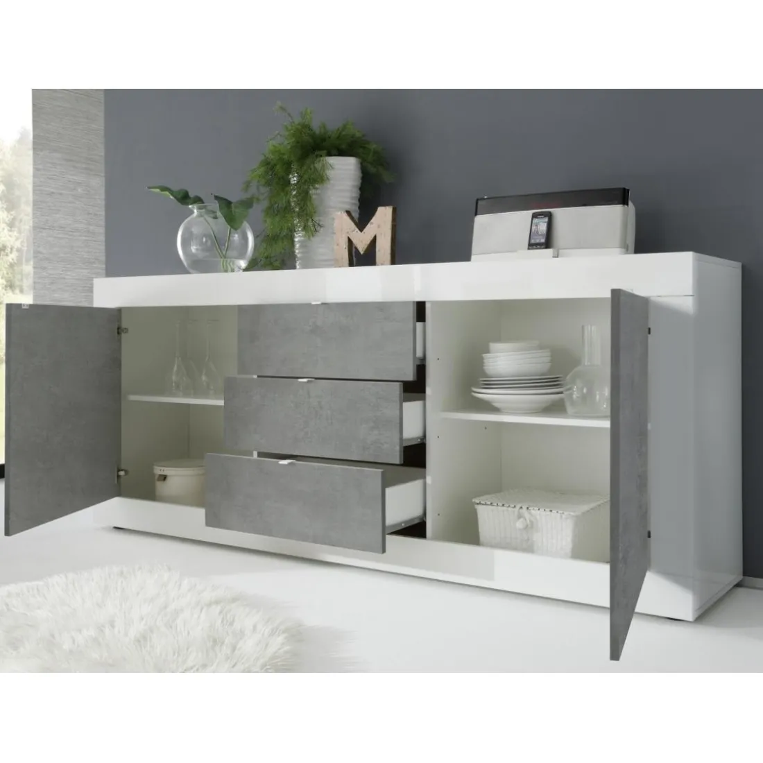 Buffet 2 portes et 3 tiroirs BASIC blanc et décor beton