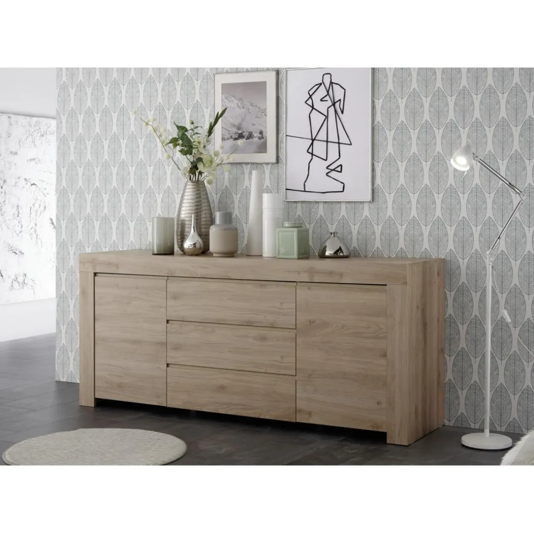 Buffet 2 portes et 3 tiroirs en bois FIRENZE décor chene