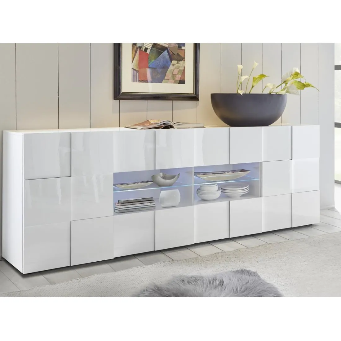 Buffet 2 portes et 4 tiroirs DAMA laqué blanc brillant