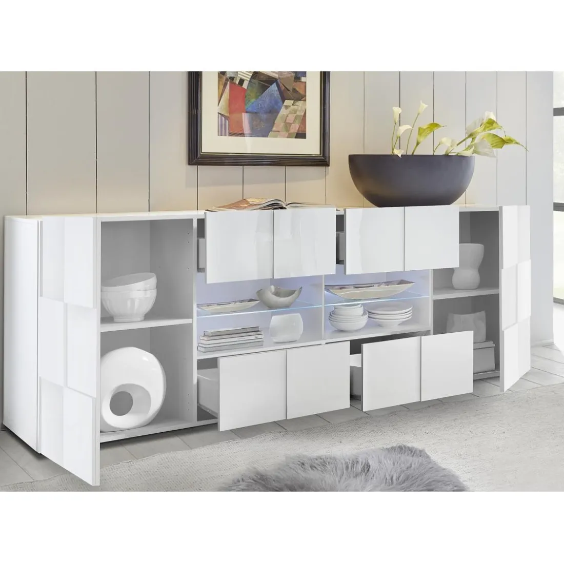 Buffet 2 portes et 4 tiroirs DAMA laqué blanc brillant
