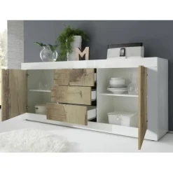 Buffet 2 portes et 3 tiroirs BASIC blanc et décor chene pero