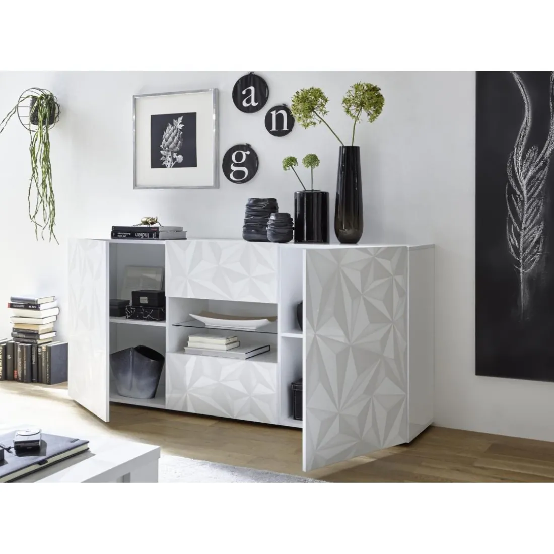 Buffet 2 portes et 2 tiroirs PRISMA laqué blanc brillant