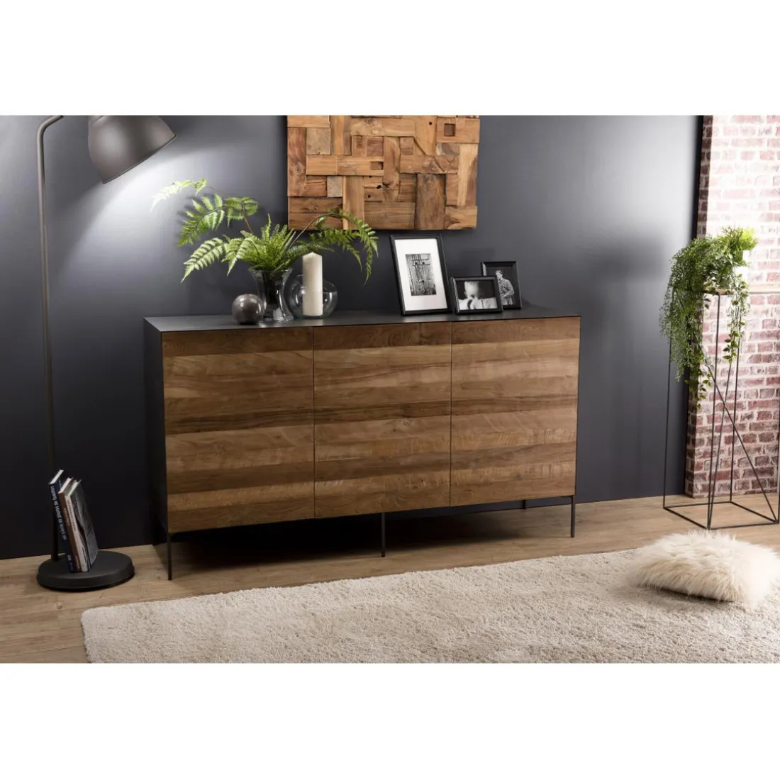 Buffet 3 Portes MADISON Bois Teck Recyclé Métal Et Pieds Métal
