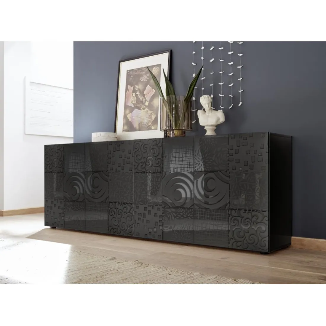 Buffet 4 portes MIRO laqué gris brillant