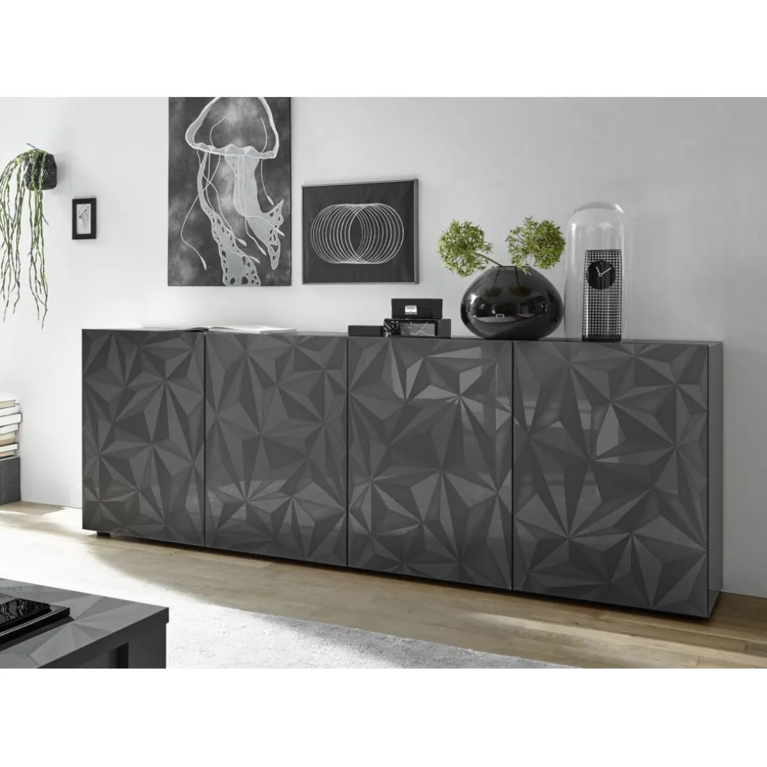 Buffet 4 portes PRISMA laqué anthracite brillant