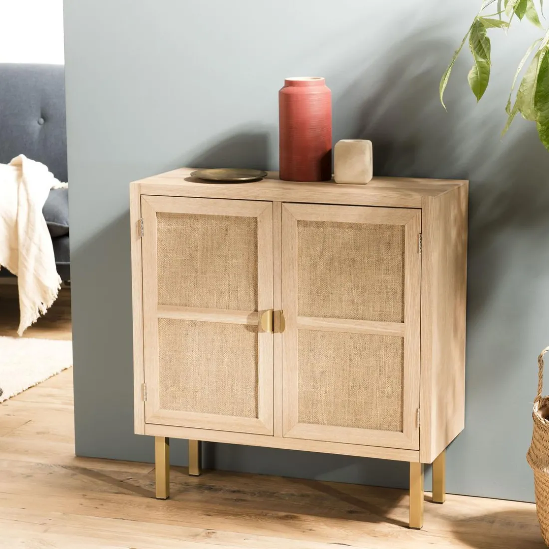 Buffet ALINE 2 Portes Toile De Jute Pieds Métal Doré
