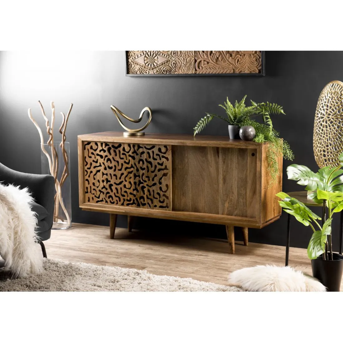 Buffet bois Manguier 160x45cm 2 portes coulissantes 1 étagère Jaipur