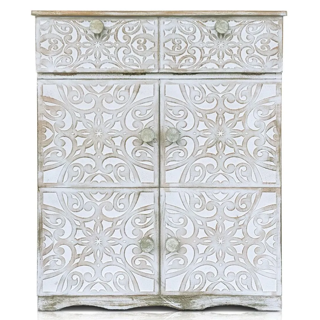 Buffet bois sculpté style oriental 6 portes Matana Blanc patiné Or