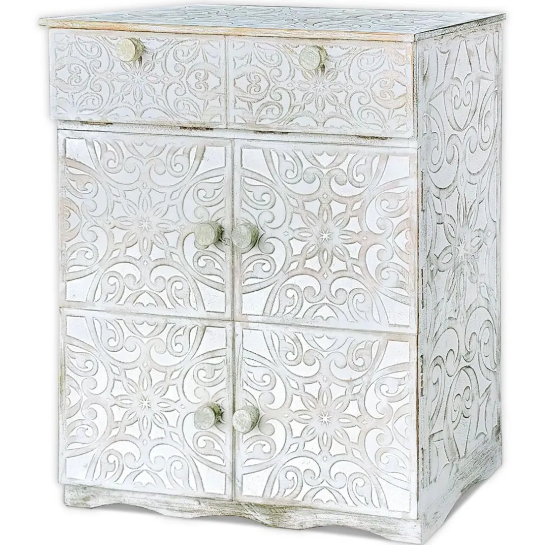 Buffet bois sculpté style oriental 6 portes Matana Blanc patiné Or