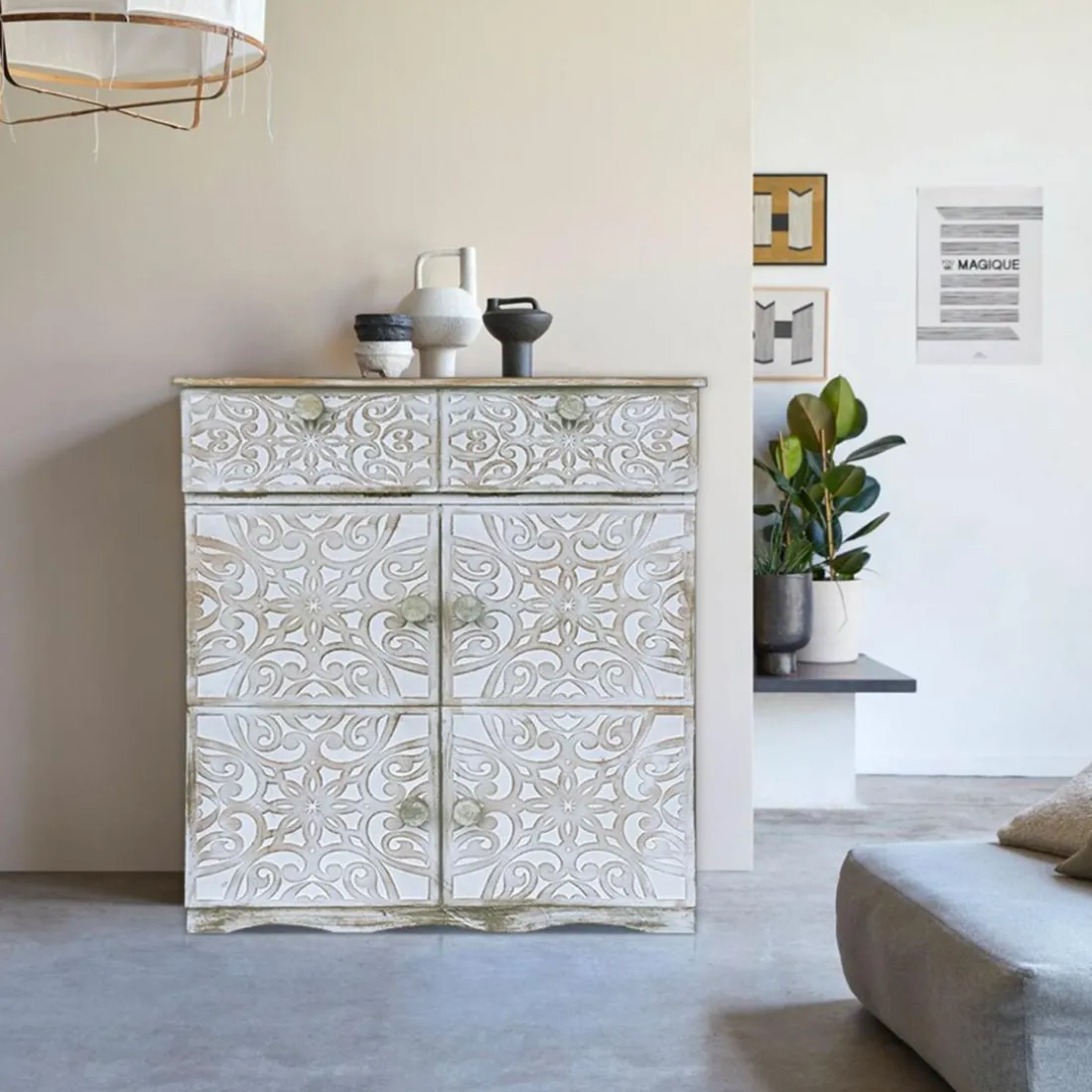 Buffet bois sculpté style oriental 6 portes Matana Blanc patiné Or
