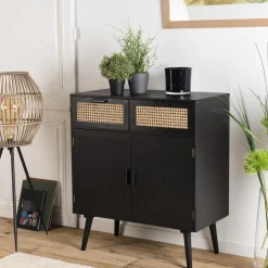 Buffet EMILIO Noir 2 Tiroirs 2 Portes Cannage