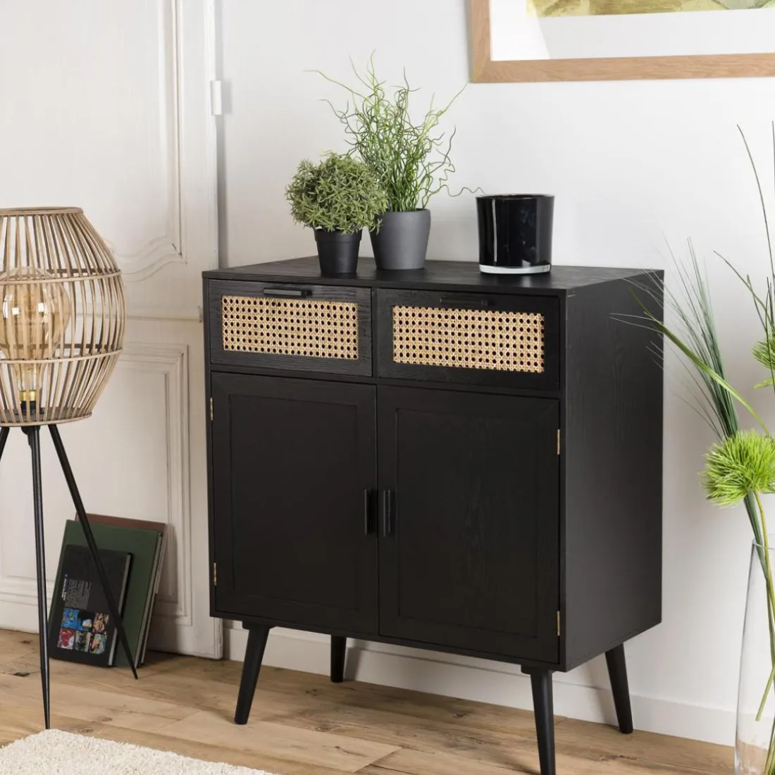 Buffet EMILIO Noir 2 Tiroirs 2 Portes Cannage