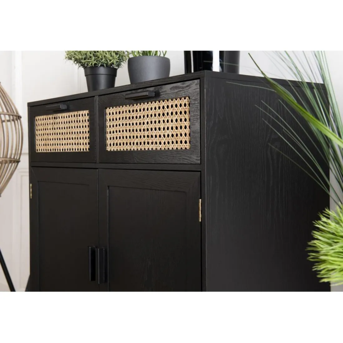 Buffet EMILIO Noir 2 Tiroirs 2 Portes Cannage