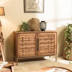 Buffet en bois de teck recyclé, 2 portes texturées