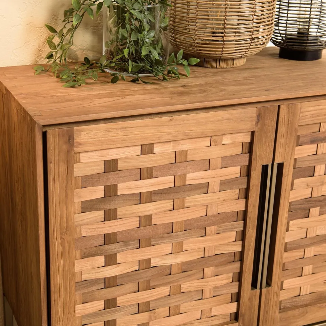 Buffet en bois de teck recyclé, 2 portes texturées