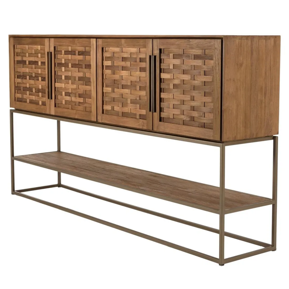 Buffet en bois de teck recyclé 4 portes en tissage de bambou