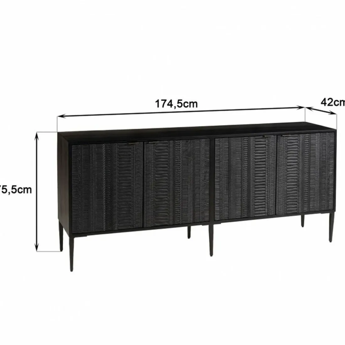 Buffet en bois massif de manguier avec 4 portes sculptées et pieds en métal GLORIA noir