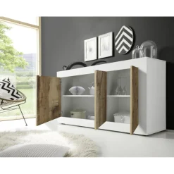 Buffet haut 4 portes en bois BASIC blanc et décor chene pero