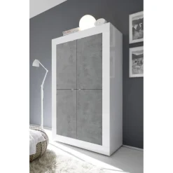 Buffet haut 4 portes en bois BASIC blanc et décor beton