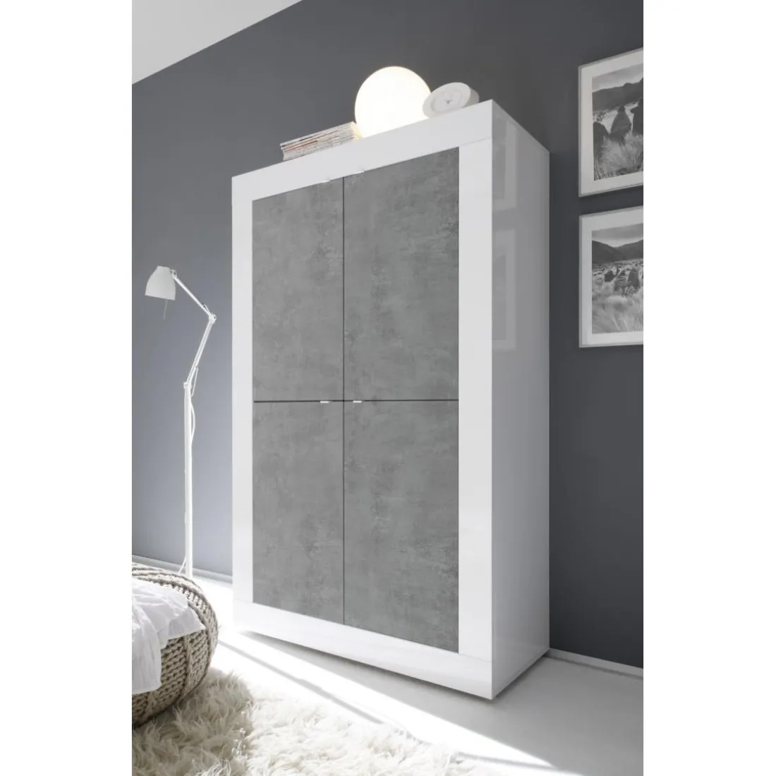 Buffet haut 4 portes en bois BASIC blanc et décor beton