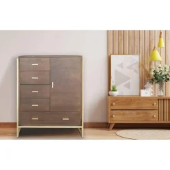Buffet haut 5 tiroirs et 1 porte L90cm Bois Marron et Métal Or