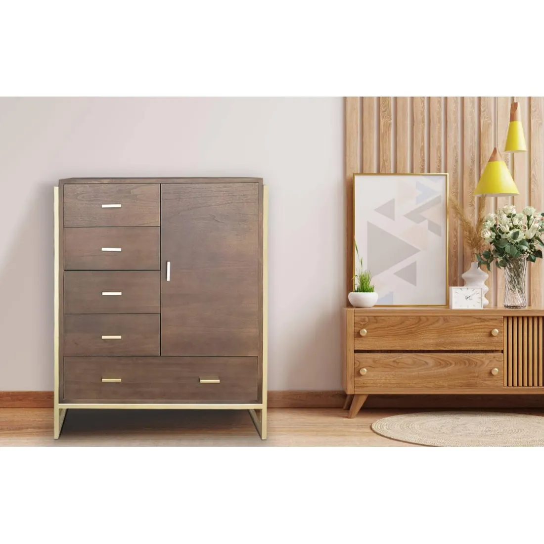 Buffet haut 5 tiroirs et 1 porte L90cm Bois Marron et Métal Or