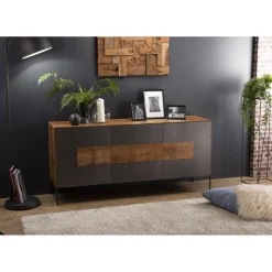 Buffet MADISON 2 Portes 3 Tiroirs Bois Teck Recyclé Façade Métal Et Pieds Métal