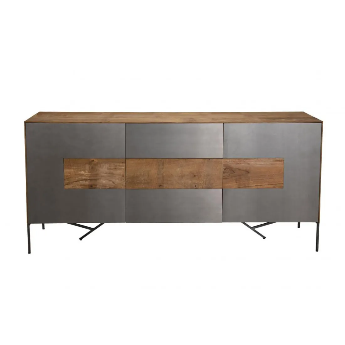 Buffet MADISON 2 Portes 3 Tiroirs Bois Teck Recyclé Façade Métal Et Pieds Métal