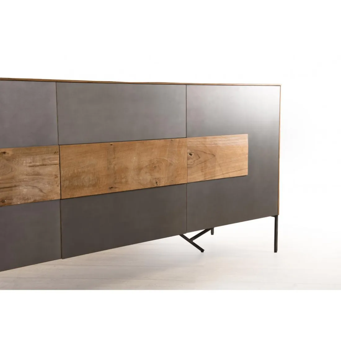 Buffet MADISON 2 Portes 3 Tiroirs Bois Teck Recyclé Façade Métal Et Pieds Métal