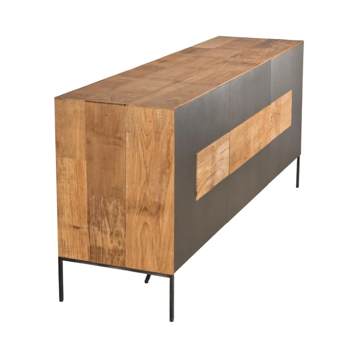 Buffet MADISON 2 Portes 3 Tiroirs Bois Teck Recyclé Façade Métal Et Pieds Métal
