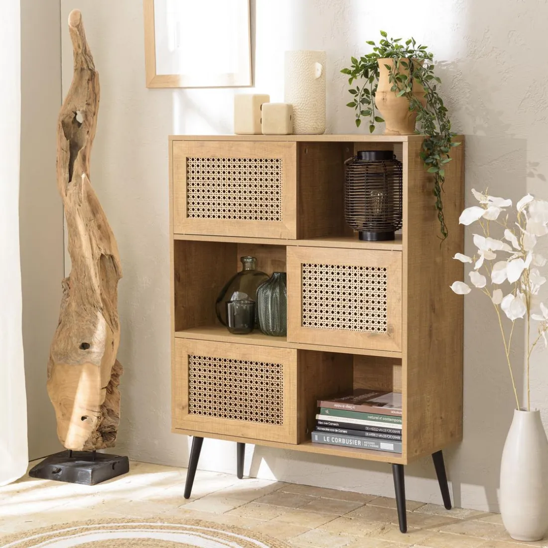 Buffet marron 3 niches 3 portes effet cannage pieds métal CHARLIE
