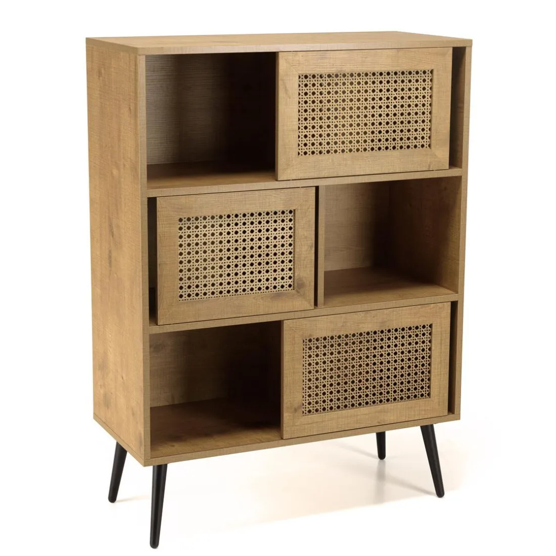 Buffet marron 3 niches 3 portes effet cannage pieds métal CHARLIE